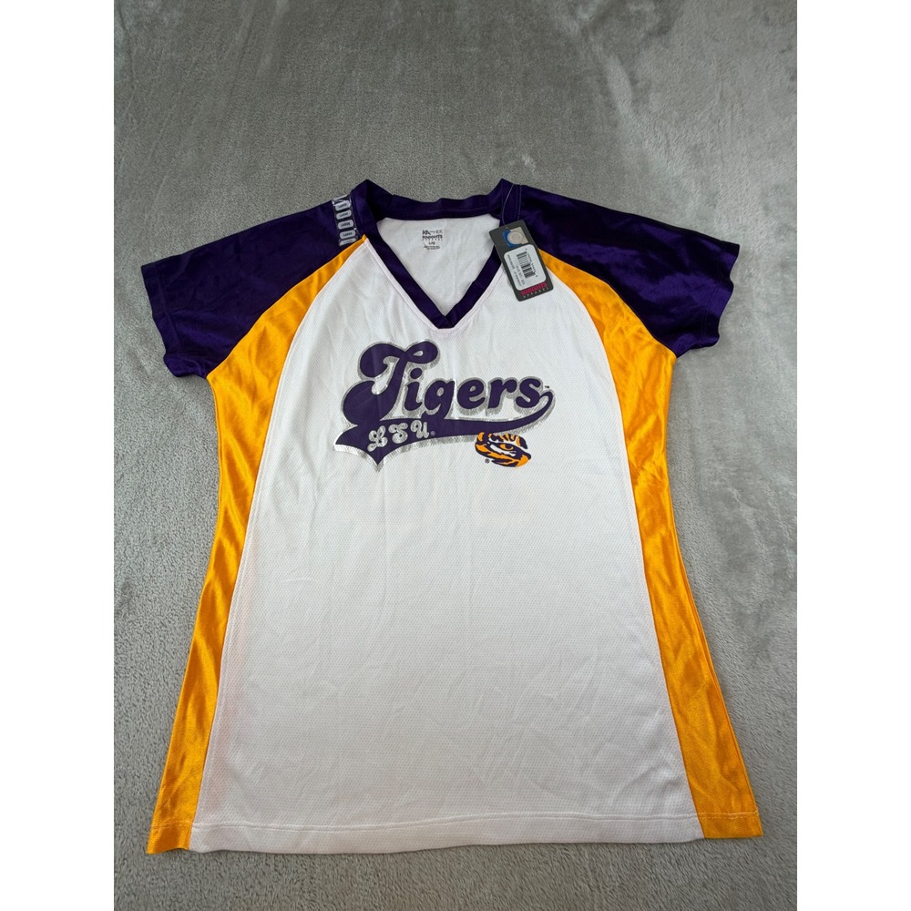 Knights Apparel LSU Tigers Jersey Women Large White Purple Gold V-Neck Shirt NWT